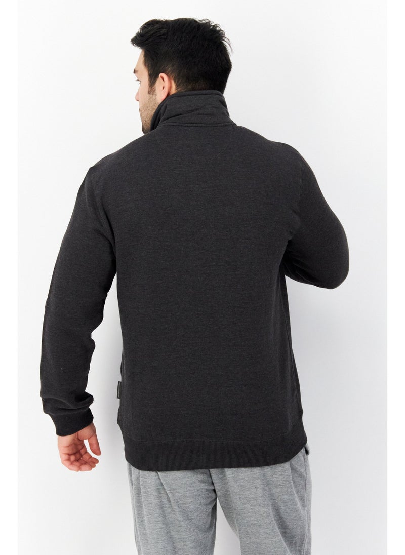 Men Mock Neckline Long Sleeves Brand Logo Sweatshirt, Charcoal