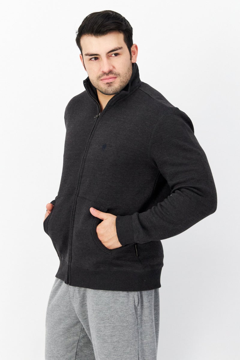 Men Mock Neckline Long Sleeves Brand Logo Sweatshirt, Charcoal