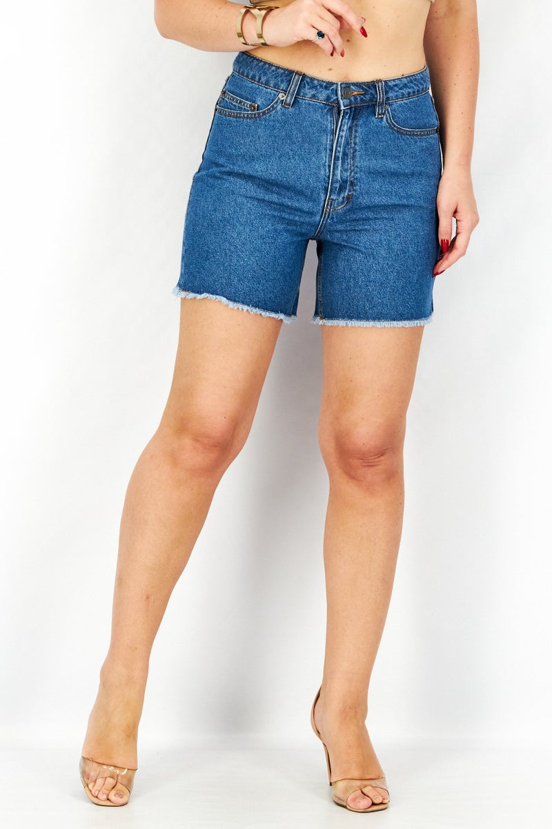 Women Regular Fit Solid Denim Short, Blue Wash