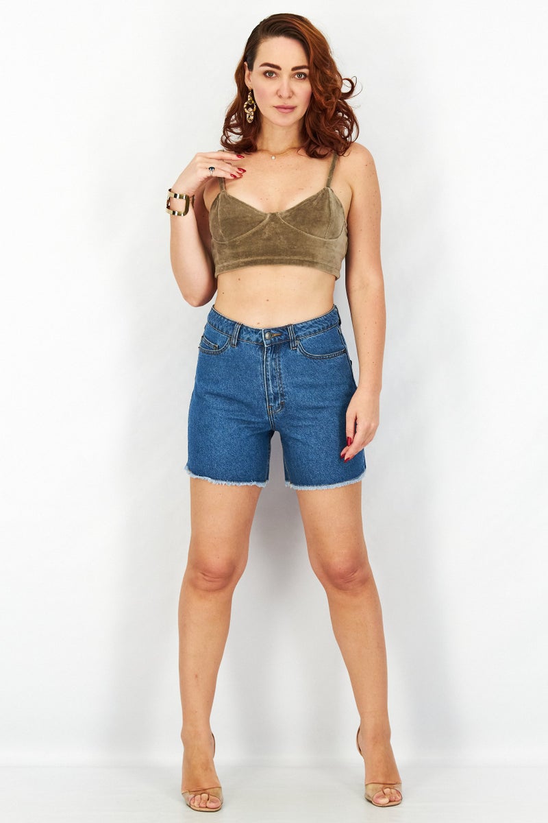 Women Regular Fit Solid Denim Short, Blue Wash