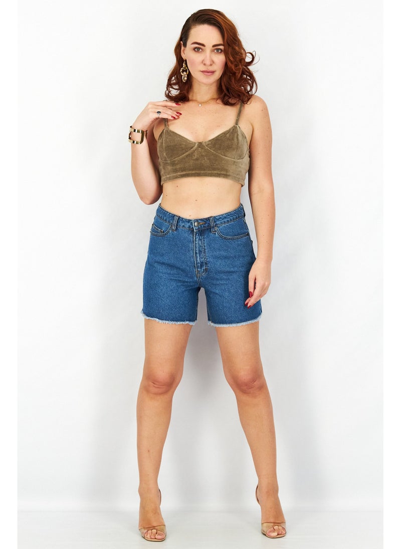 Women Regular Fit Solid Denim Short, Blue Wash