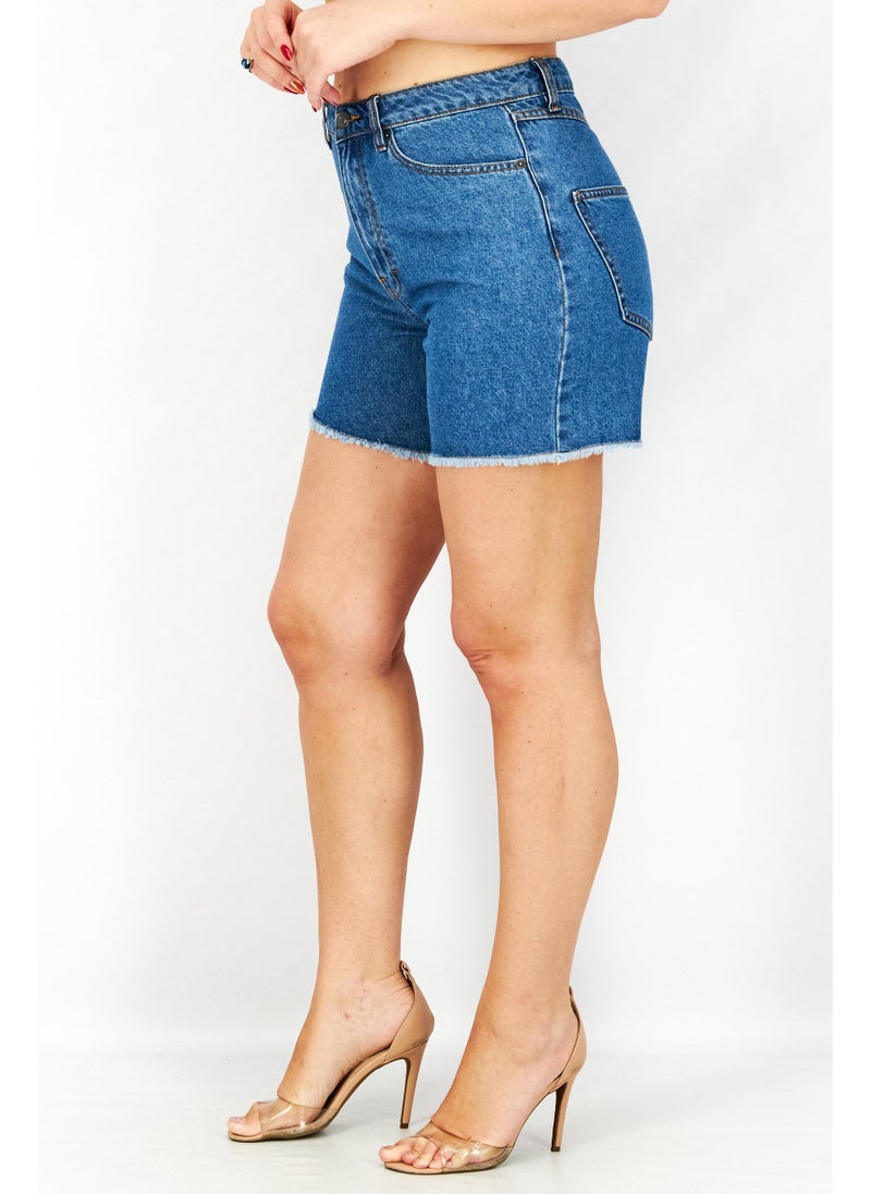 Women Regular Fit Solid Denim Short, Blue Wash