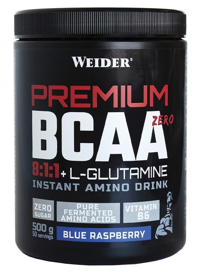 Premium BCAA Zero 8:1:1 + L-Glutamine - Blue Raspberry 500g, High Leucine Ratio Amino Acid Supplement