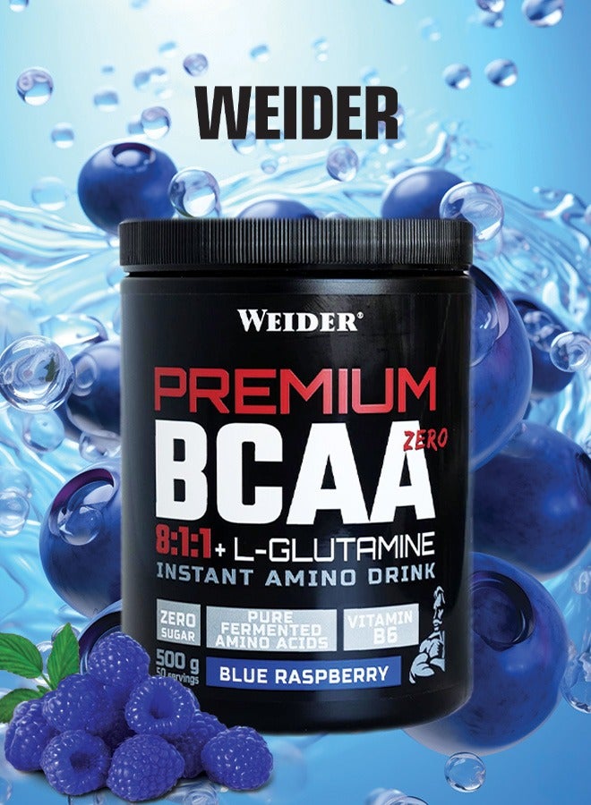 Premium BCAA Zero 8:1:1 + L-Glutamine - Blue Raspberry 500g, High Leucine Ratio Amino Acid Supplement