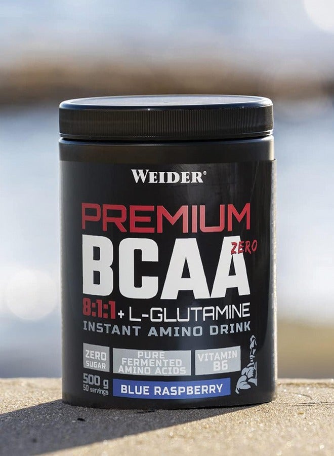 Premium BCAA Zero 8:1:1 + L-Glutamine - Blue Raspberry 500g, High Leucine Ratio Amino Acid Supplement