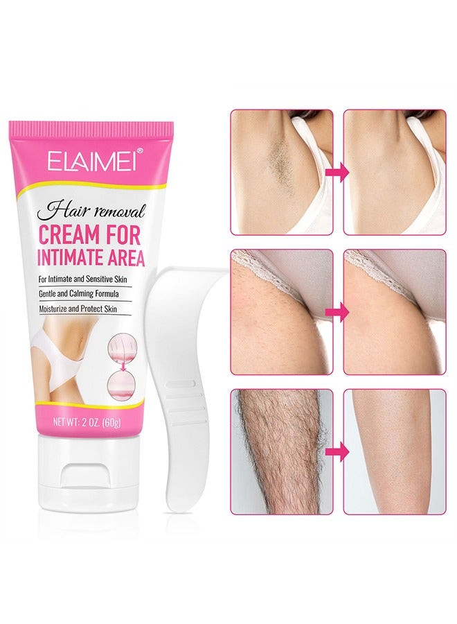 Hair Removal Cream For Intimate Area，Painless Flawless Depilatory Cream For Private Areas, Pubic, Bikini, Body, Leg, And Underarms, Sensitive Formula For All Skin Types, Long-Lasting Fast-Acting 60g