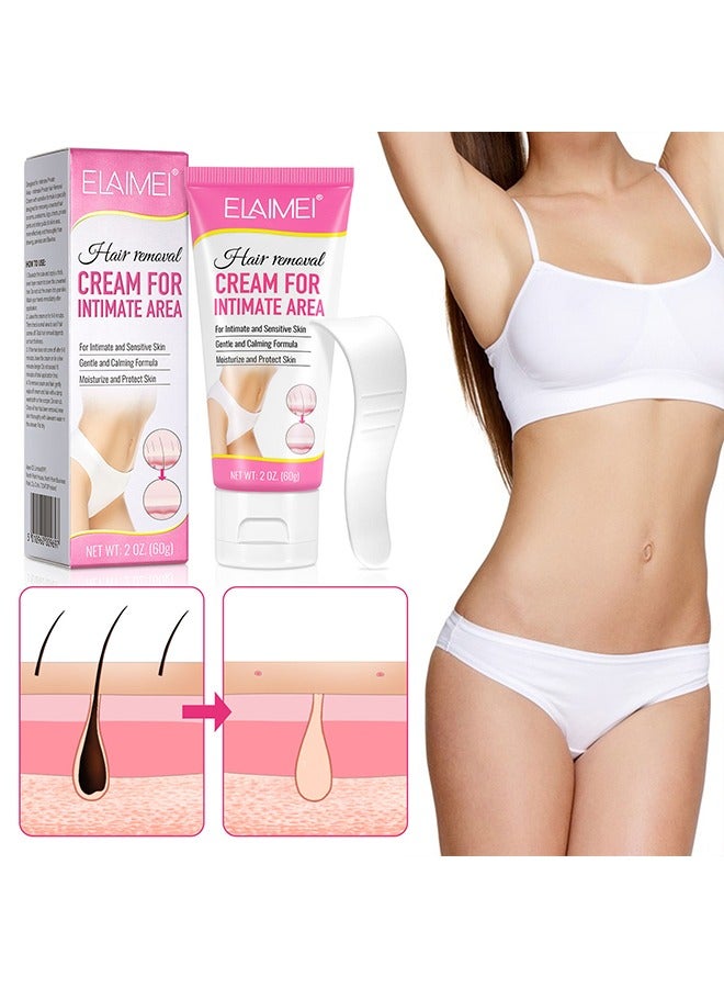 Hair Removal Cream For Intimate Area，Painless Flawless Depilatory Cream For Private Areas, Pubic, Bikini, Body, Leg, And Underarms, Sensitive Formula For All Skin Types, Long-Lasting Fast-Acting 60g