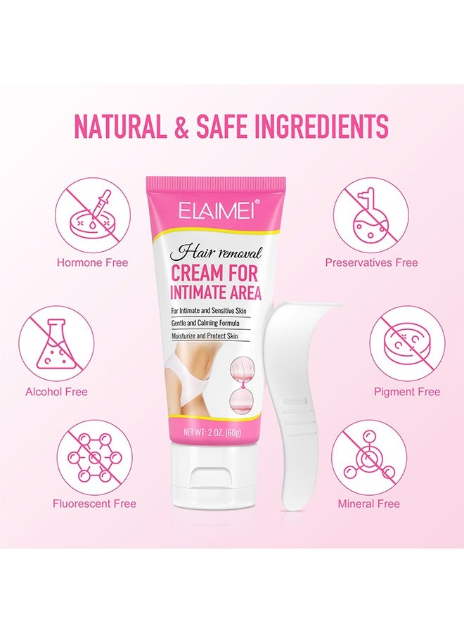 Hair Removal Cream For Intimate Area，Painless Flawless Depilatory Cream For Private Areas, Pubic, Bikini, Body, Leg, And Underarms, Sensitive Formula For All Skin Types, Long-Lasting Fast-Acting 60g