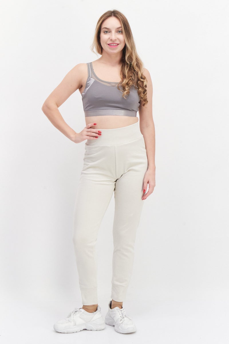 Women Solid Basic Tapered Pull On Jogger Pants, Light Beige