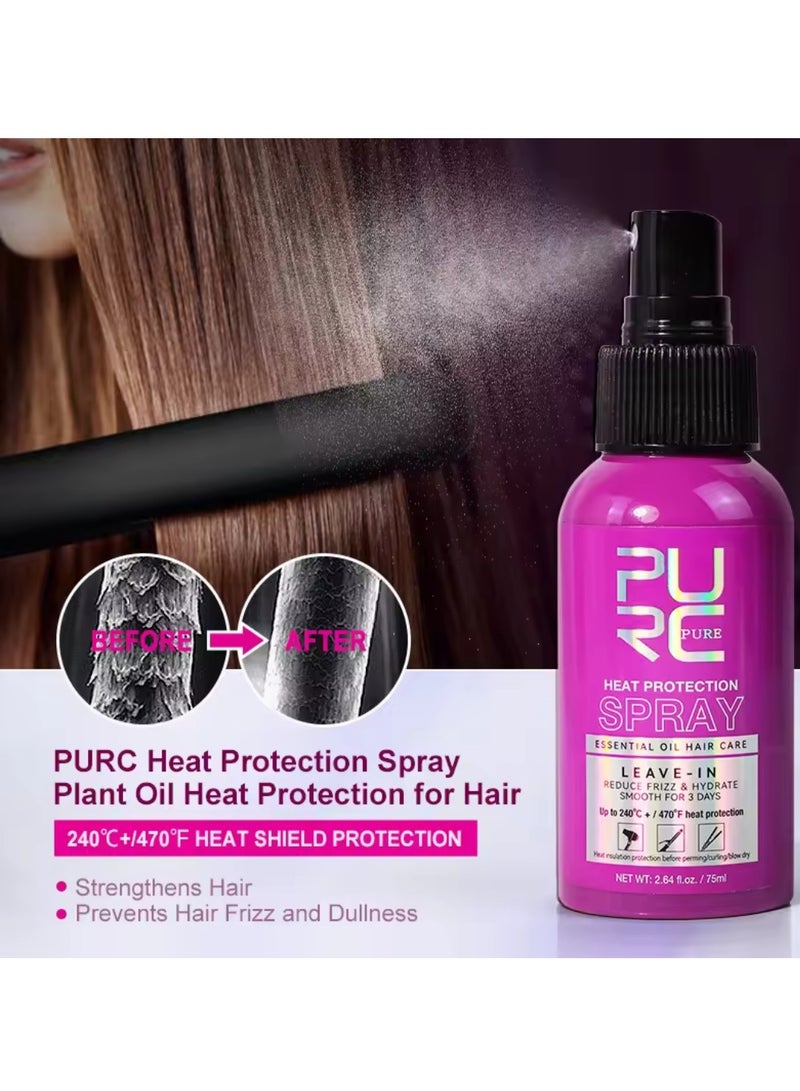 75ml Heat Protection Spray for Hair Reduce Frizz Hydrate Smooth Hair for 3 Days Heat Protection Up to 240°C+ 470°F for Curling Perming Blow Dry Leave in Essential Oil Heat Protection Spray