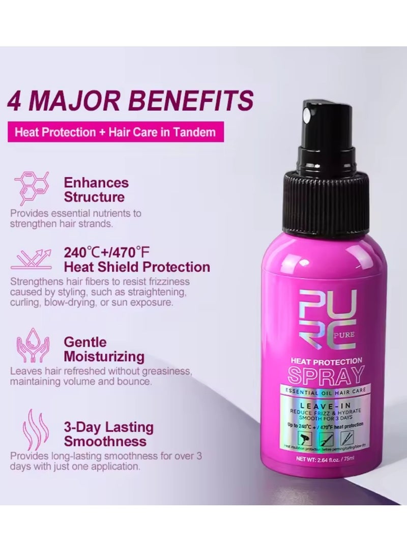 75ml Heat Protection Spray for Hair Reduce Frizz Hydrate Smooth Hair for 3 Days Heat Protection Up to 240°C+ 470°F for Curling Perming Blow Dry Leave in Essential Oil Heat Protection Spray