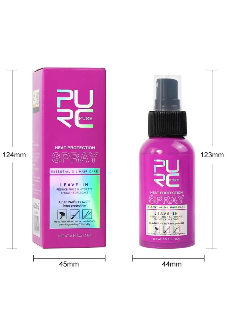 75ml Heat Protection Spray for Hair Reduce Frizz Hydrate Smooth Hair for 3 Days Heat Protection Up to 240°C+ 470°F for Curling Perming Blow Dry Leave in Essential Oil Heat Protection Spray