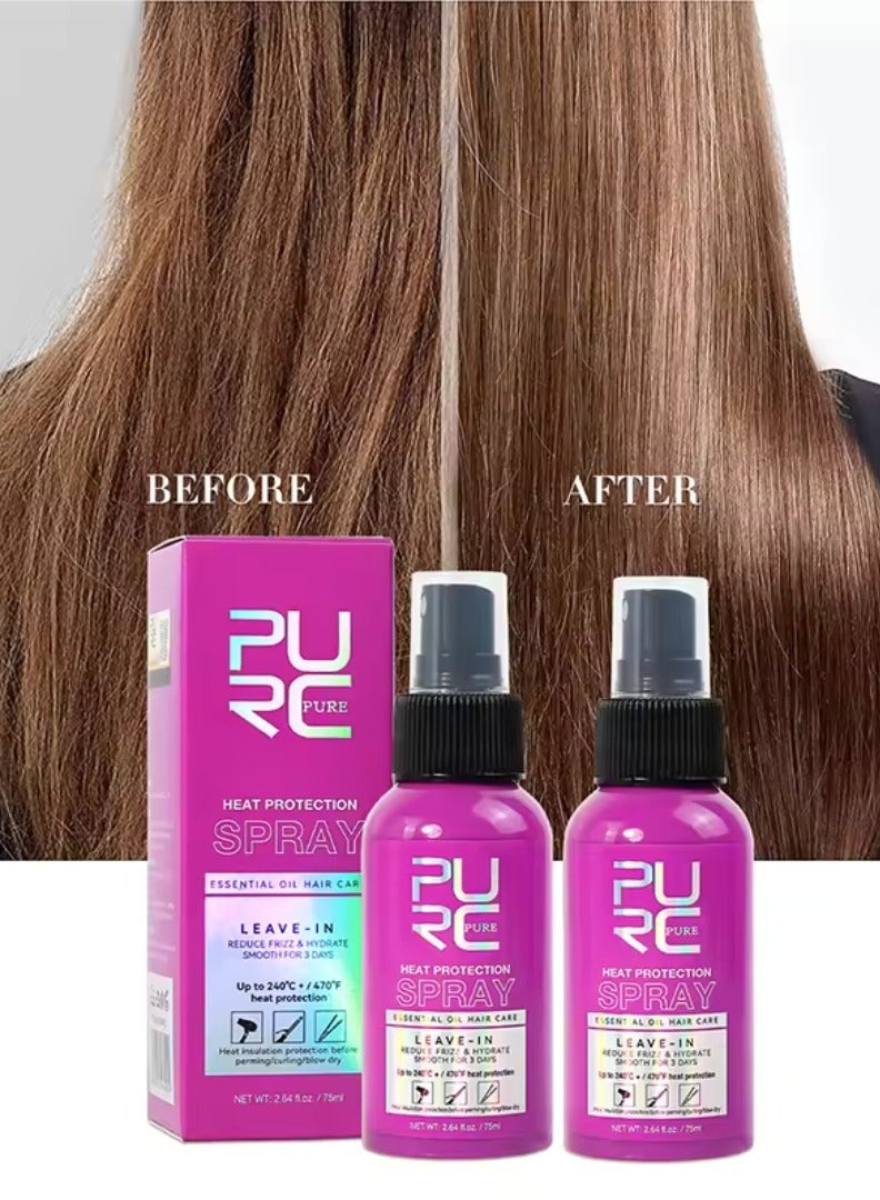 75ml Heat Protection Spray for Hair Reduce Frizz Hydrate Smooth Hair for 3 Days Heat Protection Up to 240°C+ 470°F for Curling Perming Blow Dry Leave in Essential Oil Heat Protection Spray