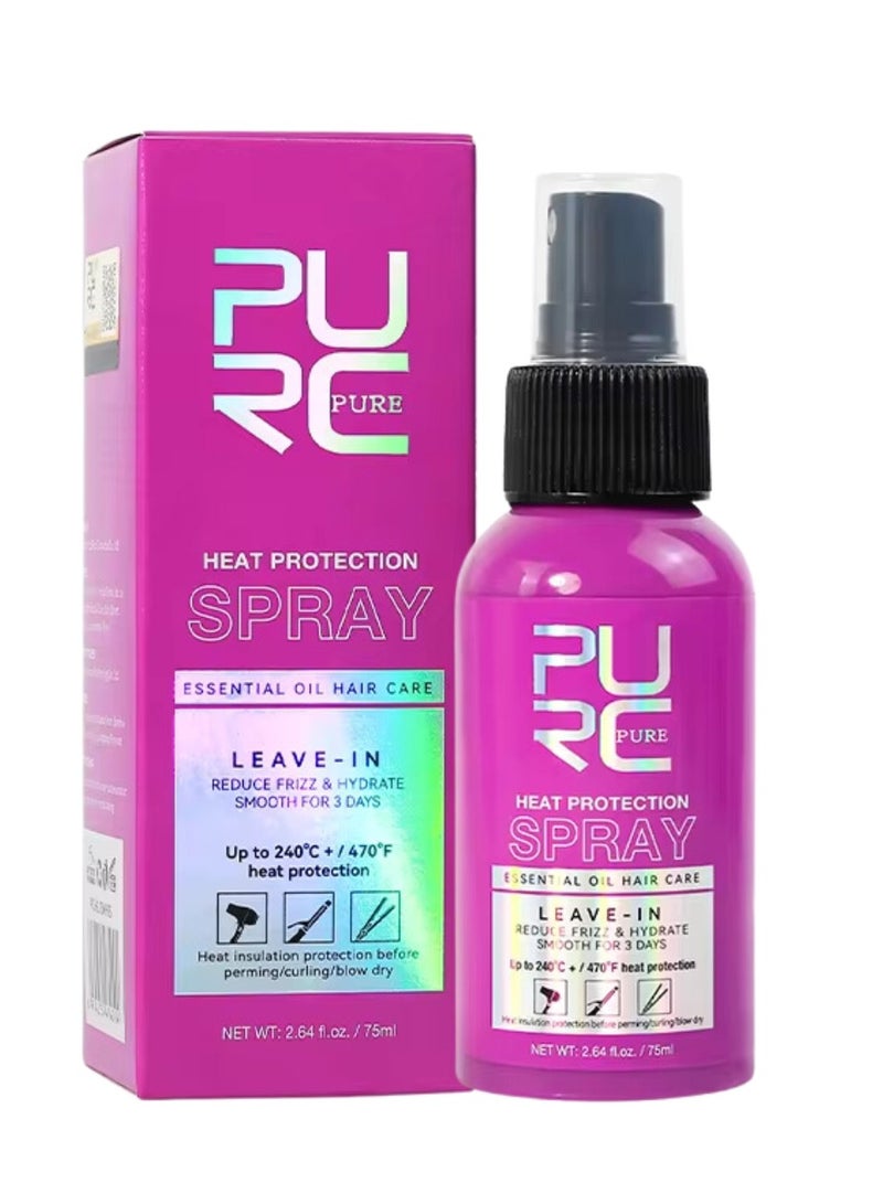 75ml Heat Protection Spray for Hair Reduce Frizz Hydrate Smooth Hair for 3 Days Heat Protection Up to 240°C+ 470°F for Curling Perming Blow Dry Leave in Essential Oil Heat Protection Spray