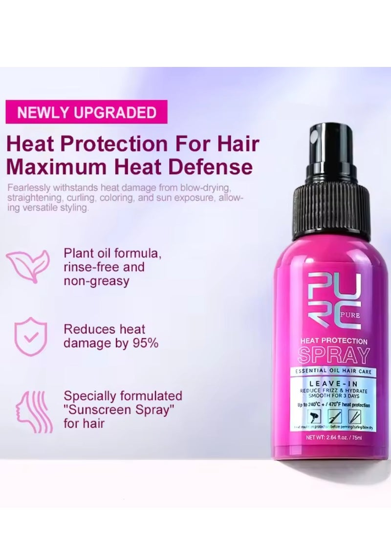 75ml Heat Protection Spray for Hair Reduce Frizz Hydrate Smooth Hair for 3 Days Heat Protection Up to 240°C+ 470°F for Curling Perming Blow Dry Leave in Essential Oil Heat Protection Spray