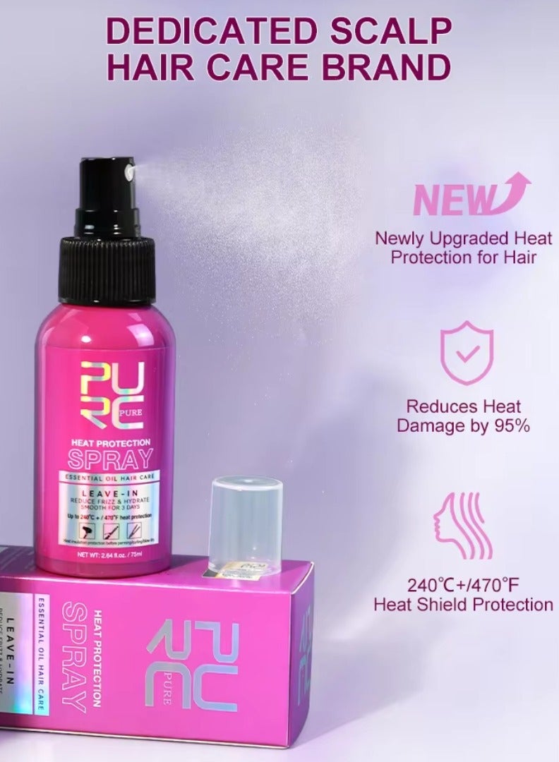 75ml Heat Protection Spray for Hair Reduce Frizz Hydrate Smooth Hair for 3 Days Heat Protection Up to 240°C+ 470°F for Curling Perming Blow Dry Leave in Essential Oil Heat Protection Spray