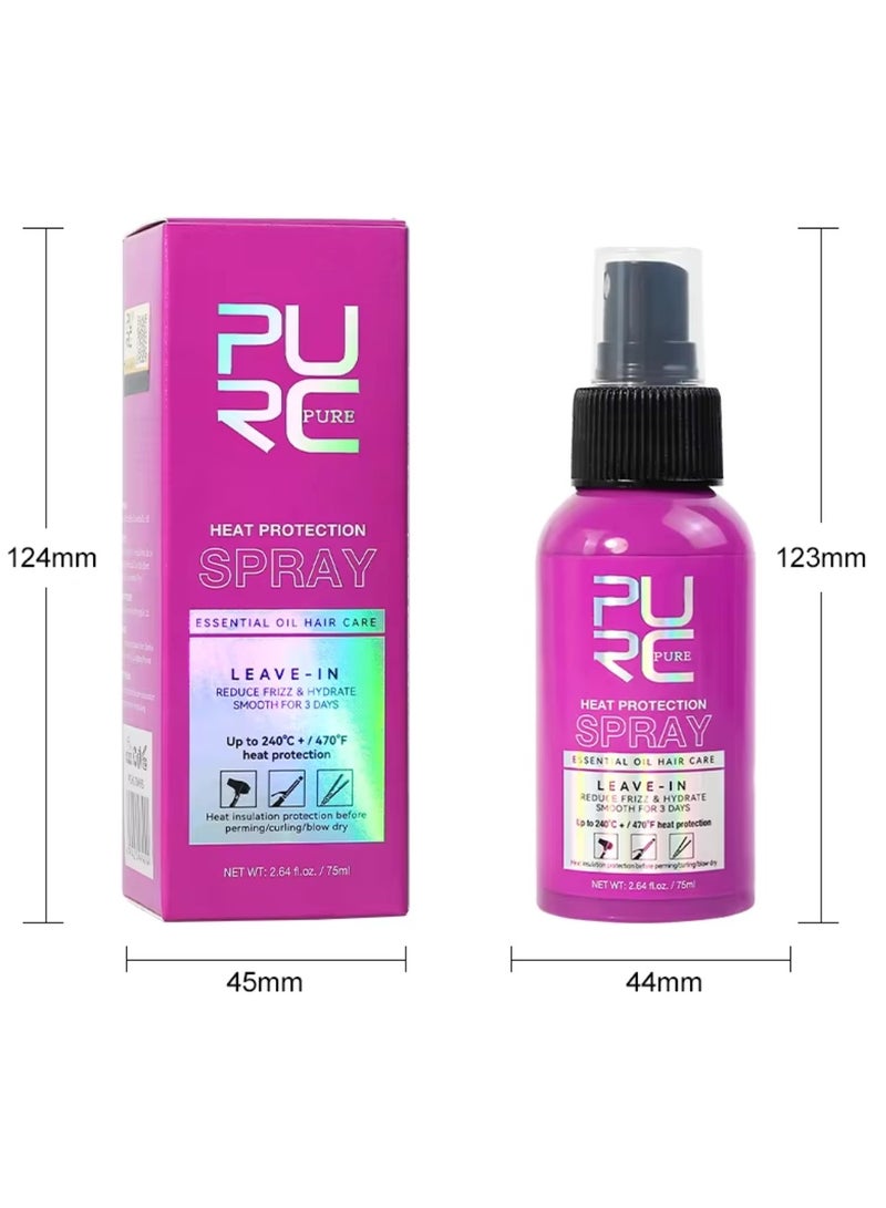 75ml Heat Protection Spray for Hair Reduce Frizz Hydrate Smooth Hair for 3 Days Heat Protection Up to 240°C+ 470°F for Curling Perming Blow Dry Leave in Essential Oil Heat Protection Spray