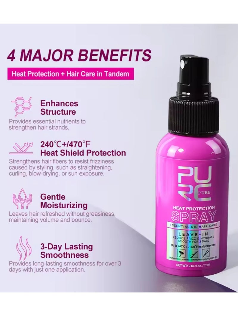 75ml Heat Protection Spray for Hair Reduce Frizz Hydrate Smooth Hair for 3 Days Heat Protection Up to 240°C+ 470°F for Curling Perming Blow Dry Leave in Essential Oil Heat Protection Spray