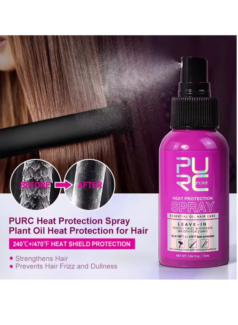 75ml Heat Protection Spray for Hair Reduce Frizz Hydrate Smooth Hair for 3 Days Heat Protection Up to 240°C+ 470°F for Curling Perming Blow Dry Leave in Essential Oil Heat Protection Spray