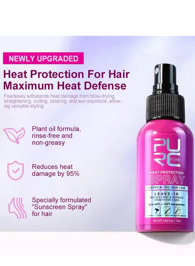 75ml Heat Protection Spray for Hair Reduce Frizz Hydrate Smooth Hair for 3 Days Heat Protection Up to 240°C+ 470°F for Curling Perming Blow Dry Leave in Essential Oil Heat Protection Spray