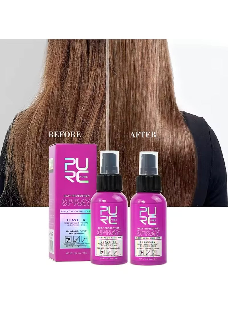 75ml Heat Protection Spray for Hair Reduce Frizz Hydrate Smooth Hair for 3 Days Heat Protection Up to 240°C+ 470°F for Curling Perming Blow Dry Leave in Essential Oil Heat Protection Spray