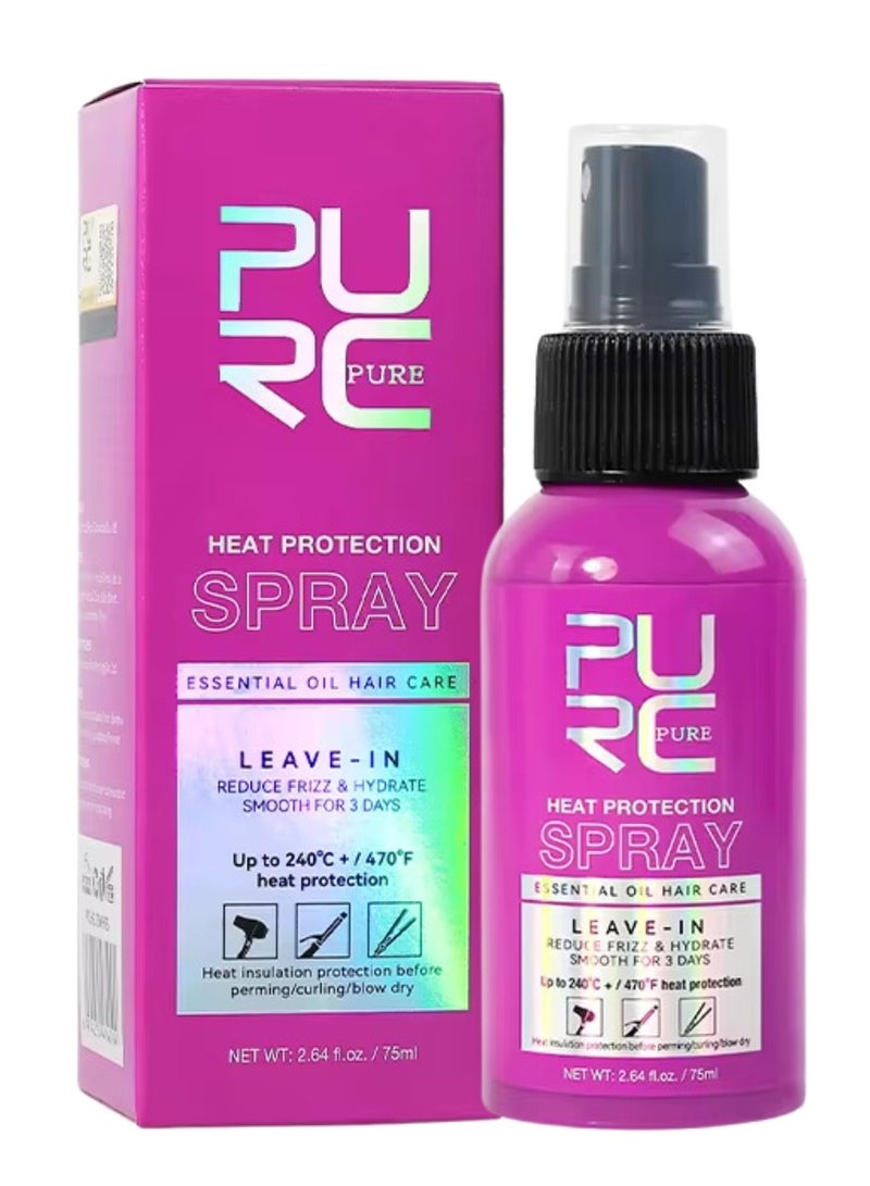 75ml Heat Protection Spray for Hair Reduce Frizz Hydrate Smooth Hair for 3 Days Heat Protection Up to 240°C+ 470°F for Curling Perming Blow Dry Leave in Essential Oil Heat Protection Spray