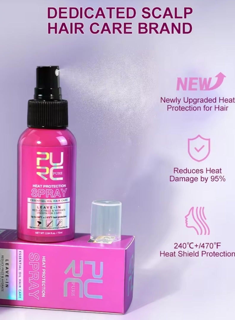 75ml Heat Protection Spray for Hair Reduce Frizz Hydrate Smooth Hair for 3 Days Heat Protection Up to 240°C+ 470°F for Curling Perming Blow Dry Leave in Essential Oil Heat Protection Spray