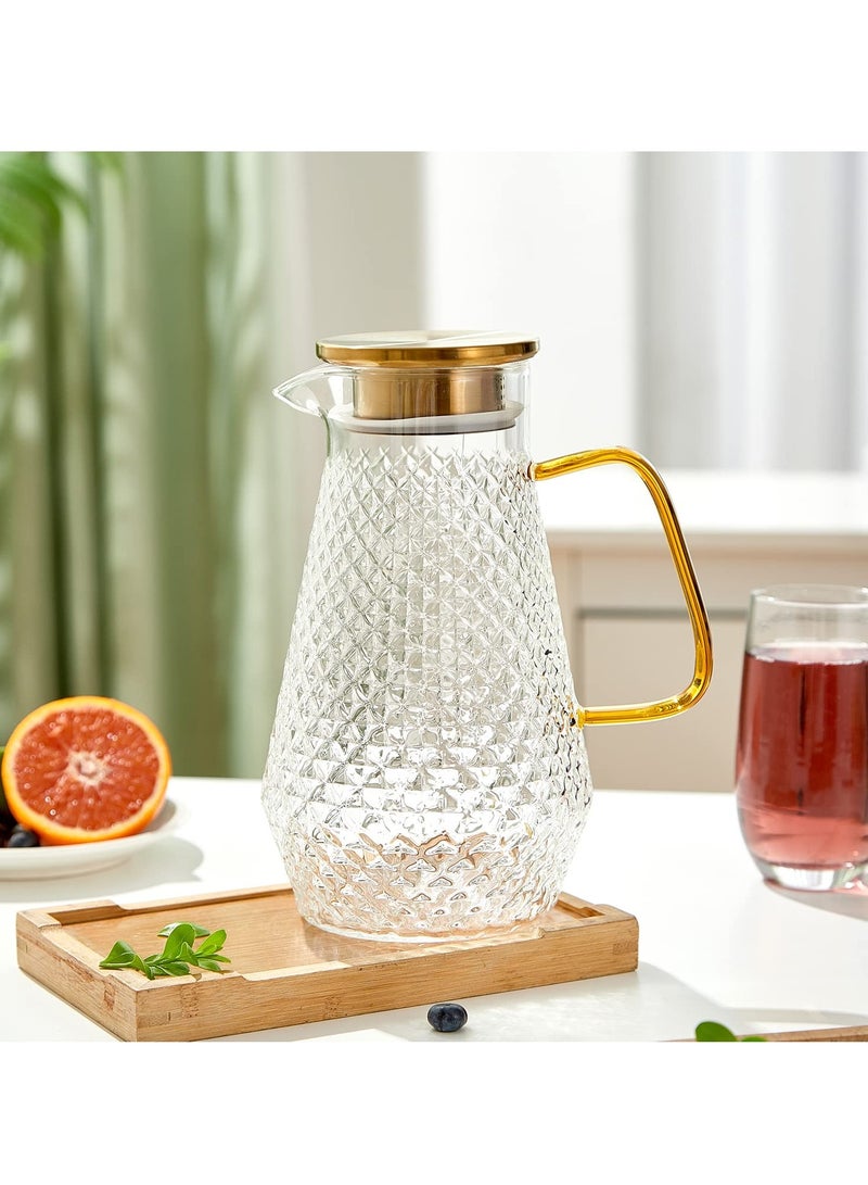 Glass Pitcher, 50oz/1.5 L Glass Water Jug, Modern Style Borosilicate Glass Jug with Metal Lid & Spout for Tea/Juice/Beverage/Coffee/Milk, Cold and Heat resistance