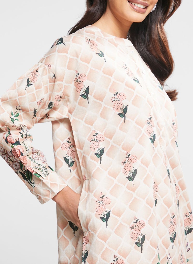 Floral Print Button Detail Kurti