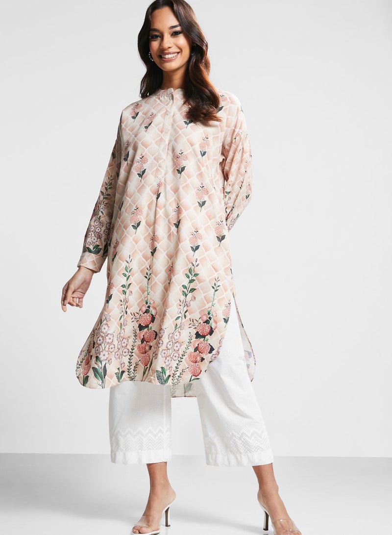 Floral Print Button Detail Kurti