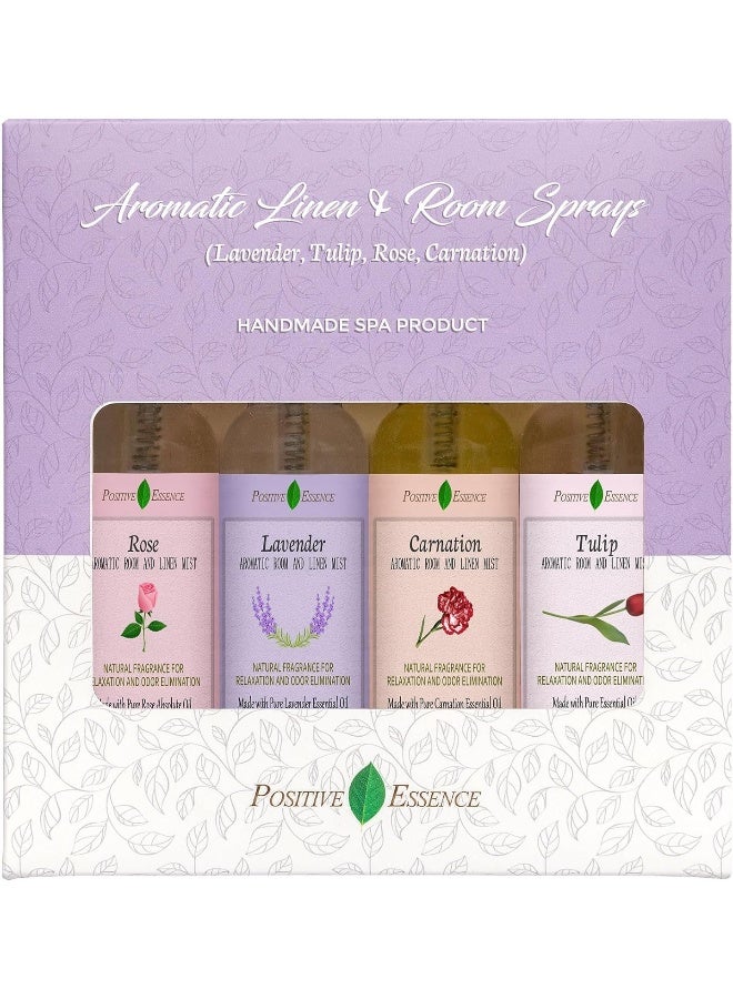 Positive Essence Pillow Spray Floral Gift Set, 4-Pack 61 Ml (Lavender, Carnation, Rose, And Tulip) Natural Pillow Sprays Made With Pure Essential Oils And Minimal Ingredients, Bathroom Spray