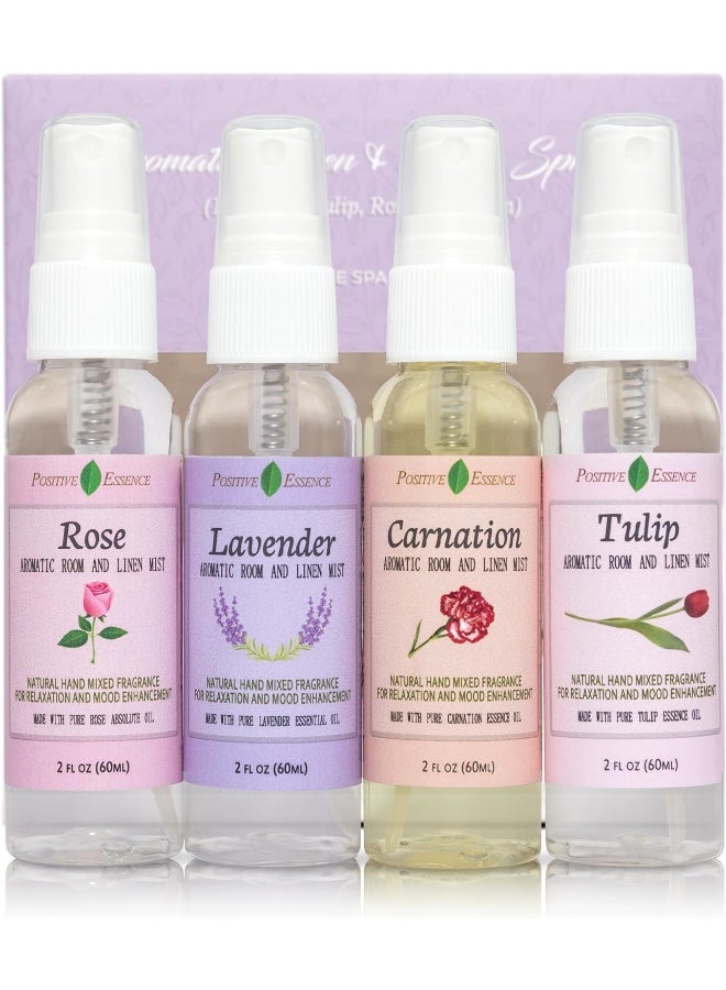 Positive Essence Pillow Spray Floral Gift Set, 4-Pack 61 Ml (Lavender, Carnation, Rose, And Tulip) Natural Pillow Sprays Made With Pure Essential Oils And Minimal Ingredients, Bathroom Spray