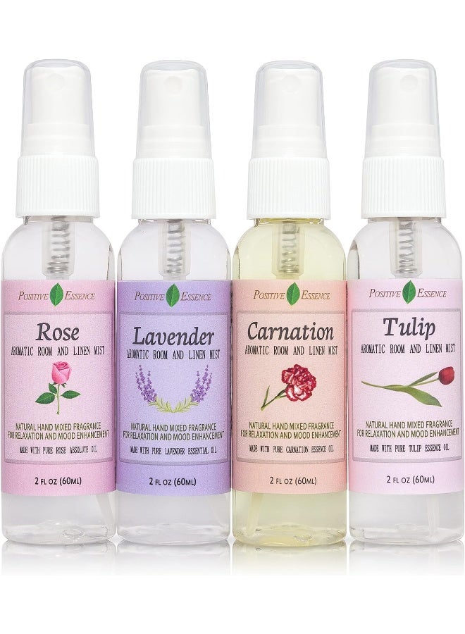 Positive Essence Pillow Spray Floral Gift Set, 4-Pack 61 Ml (Lavender, Carnation, Rose, And Tulip) Natural Pillow Sprays Made With Pure Essential Oils And Minimal Ingredients, Bathroom Spray