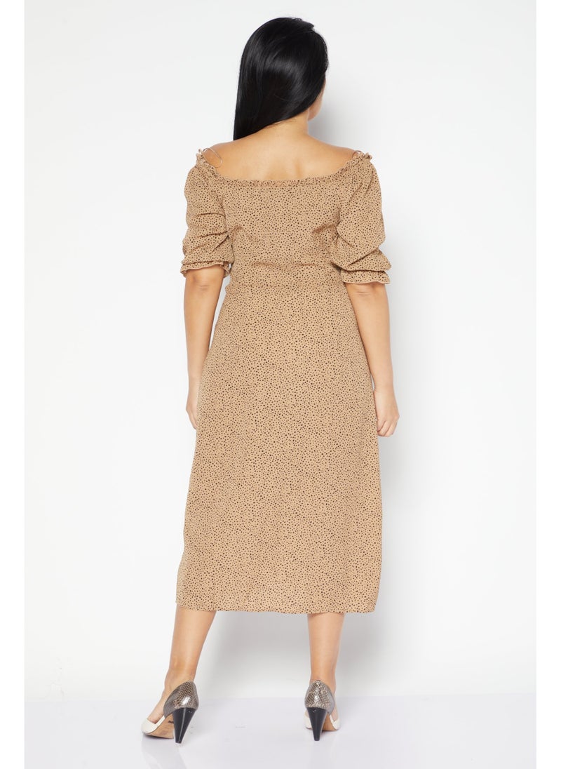 Women Allover Print Midi Casual Dress, Brown Combo