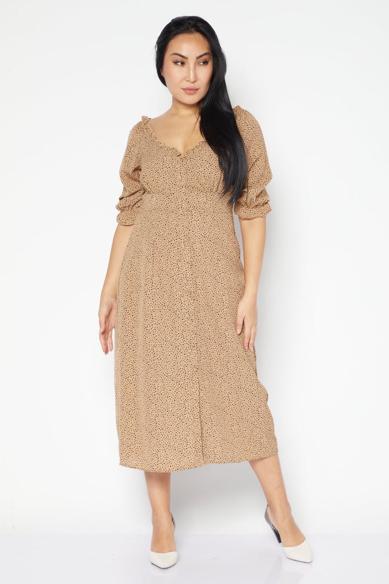 Women Allover Print Midi Casual Dress, Brown Combo