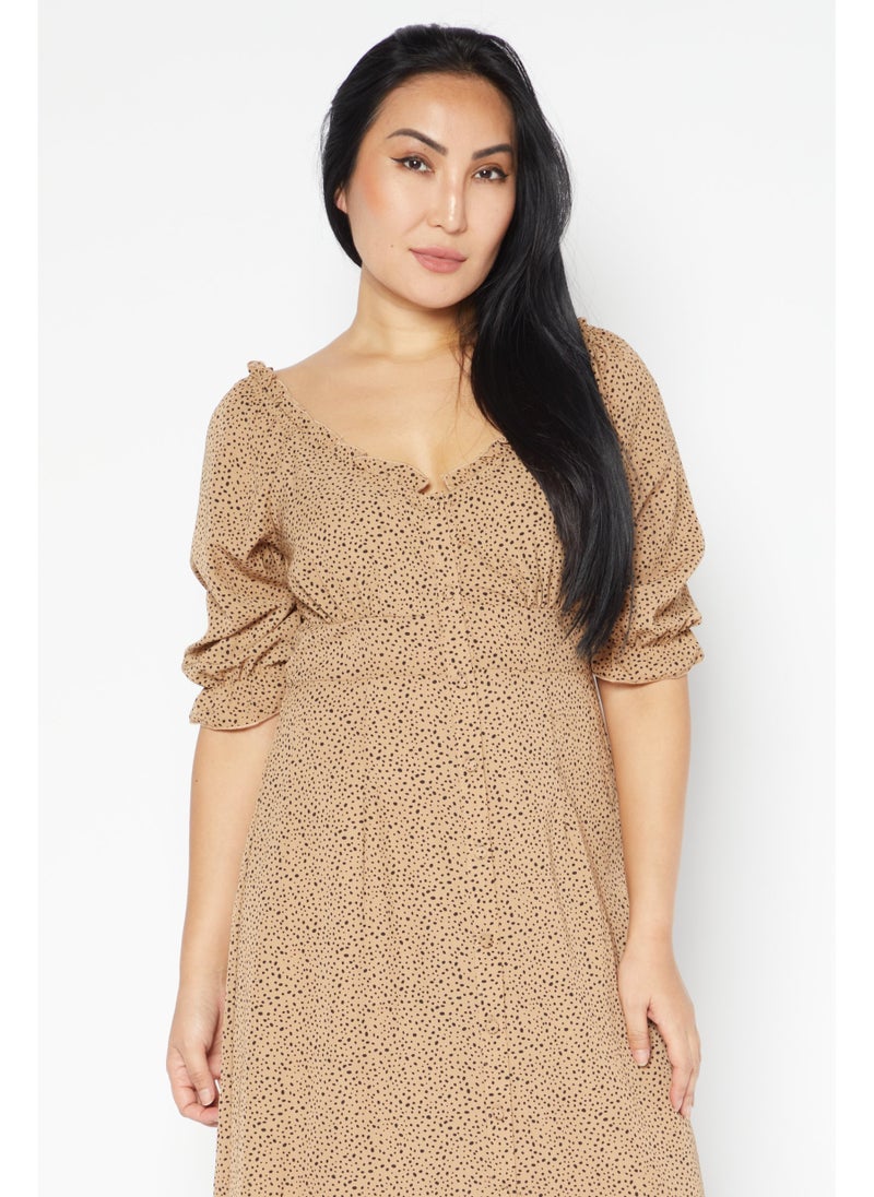 Women Allover Print Midi Casual Dress, Brown Combo
