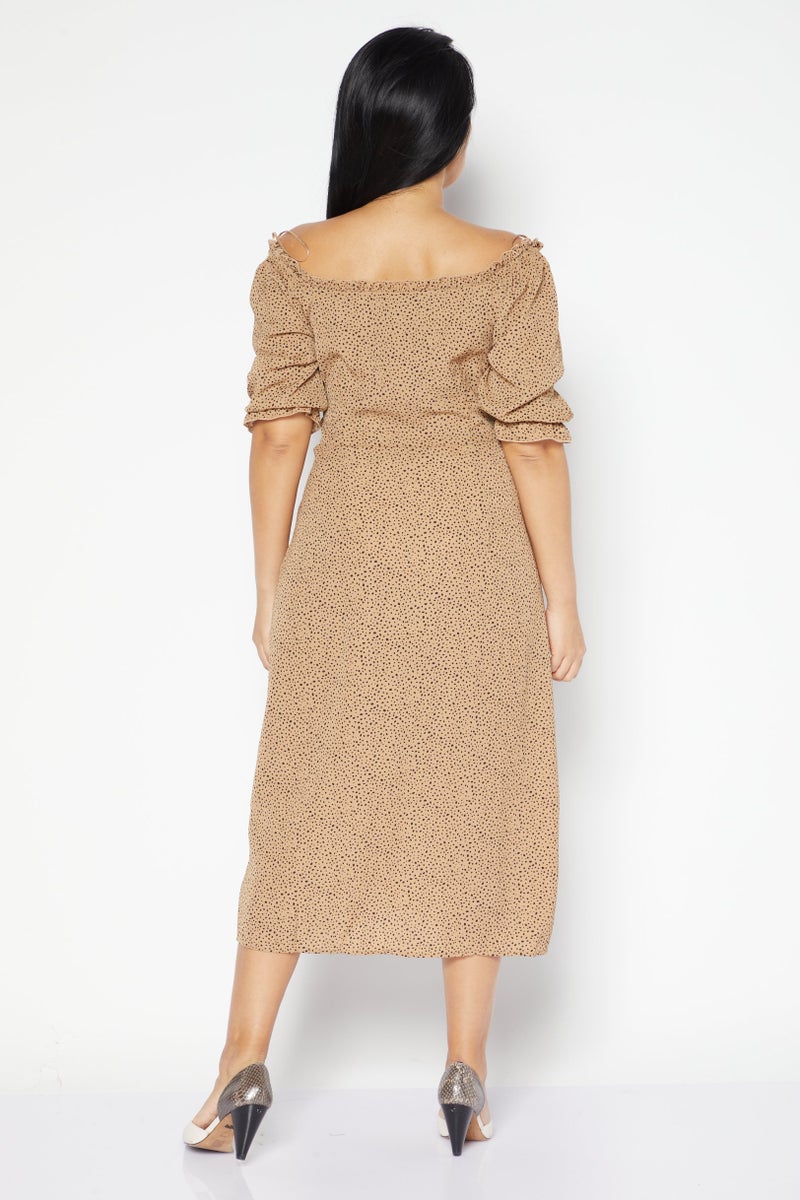 Women Allover Print Midi Casual Dress, Brown Combo