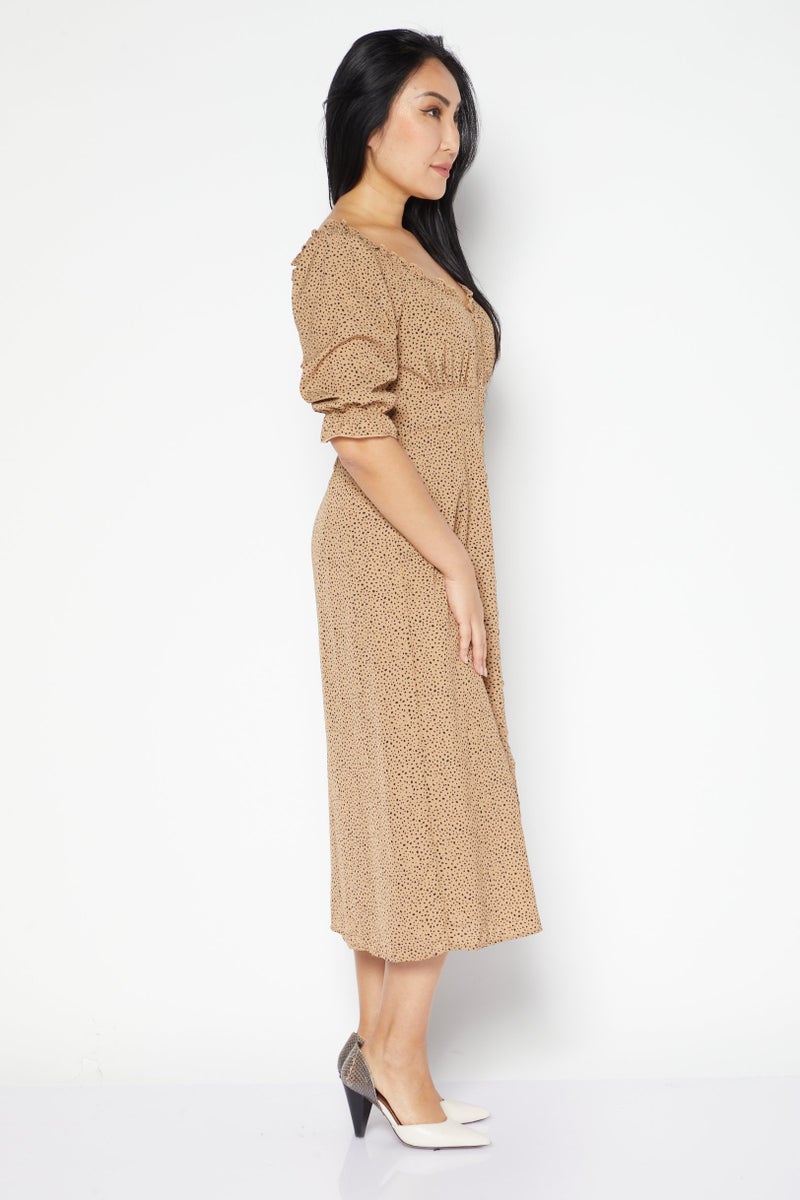 Women Allover Print Midi Casual Dress, Brown Combo