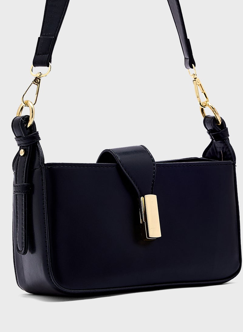 Metal Trim Detail Crossbody Bag With Long Strap