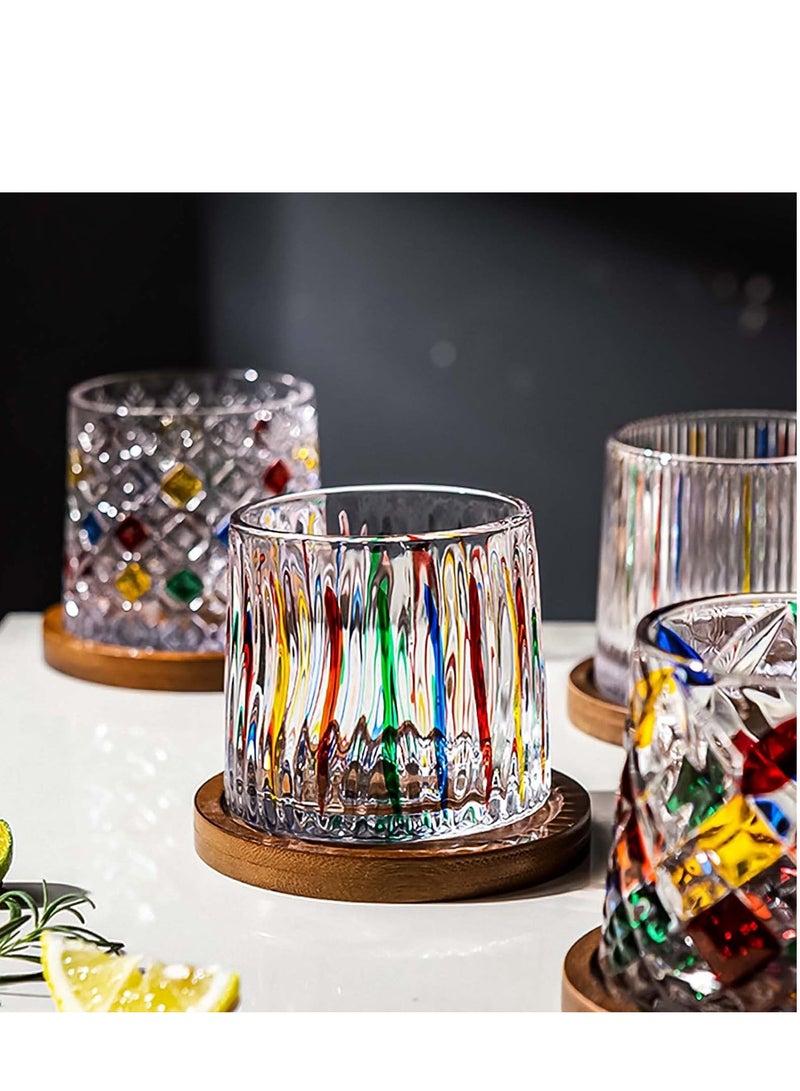 Crystal Whiskey Glasses with Coasters, Big Size Rotatable Drinking Bourbon Glass Set of 4, Hand-Painted Pattern, Exquisite Whiskey Glass， Embossed Cup, Cocktails, Coffee, Water, Juice