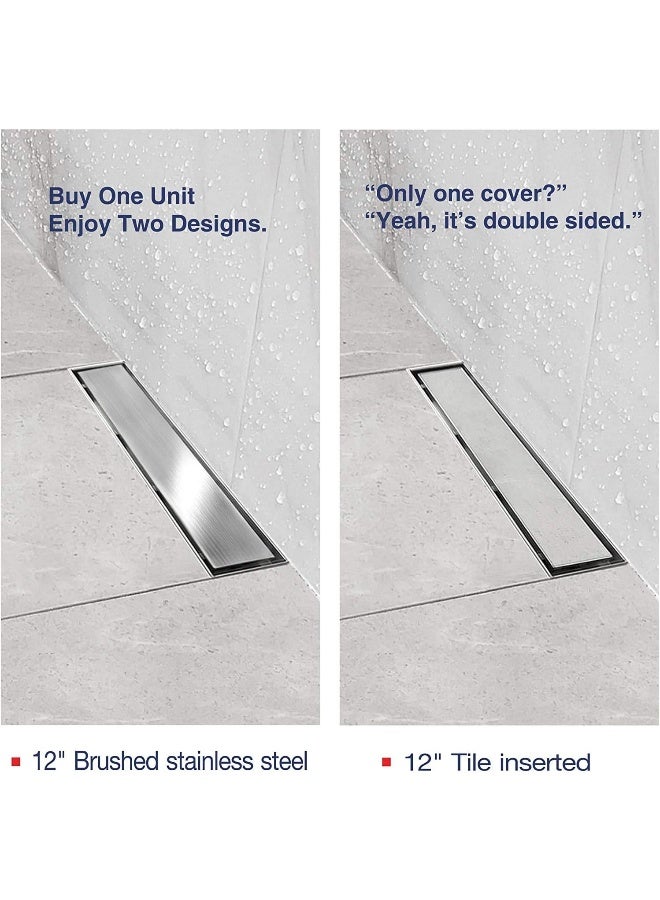 Neodrain  12-Inch Linear Shower Drain With 2-In-1 Flat And Tile Insert Cover, Brushed 305 Stainless Steel Rectangle Shower Floor Drain, Floor Shower Drain With Hair Strainer