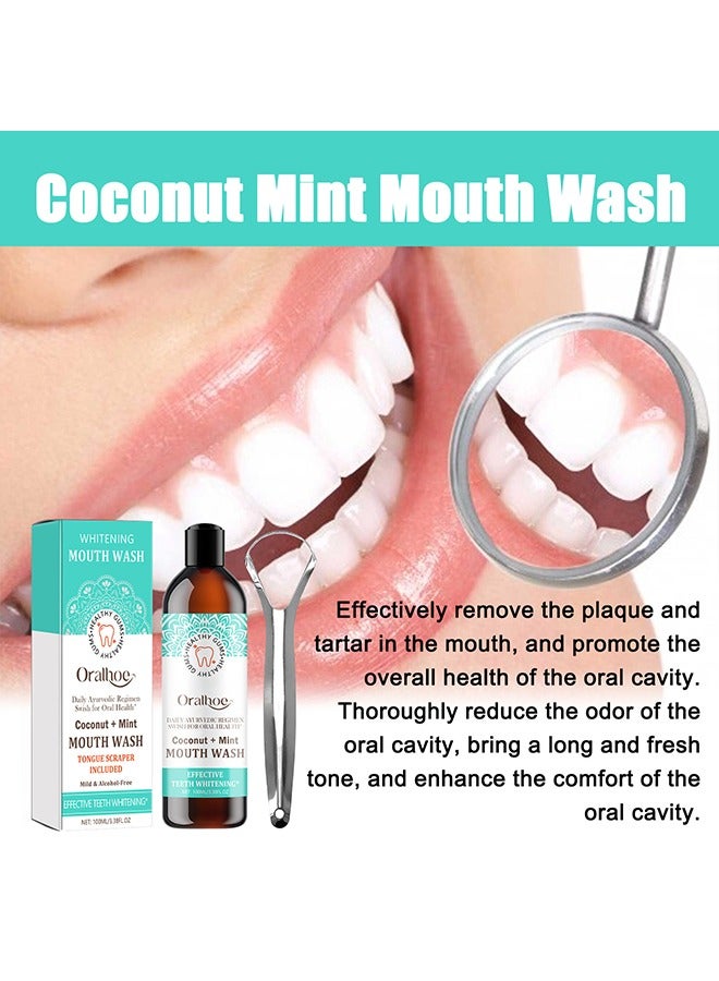 Whitening Mouth Wash,Coconut & Peppermint Oil with Tongue Scraper Inside the Box - Natural, Alcohol Free Mouthwash to Help With Fresh Breath, Teeth Whitening and Healthier Teeth & Gums 100ml