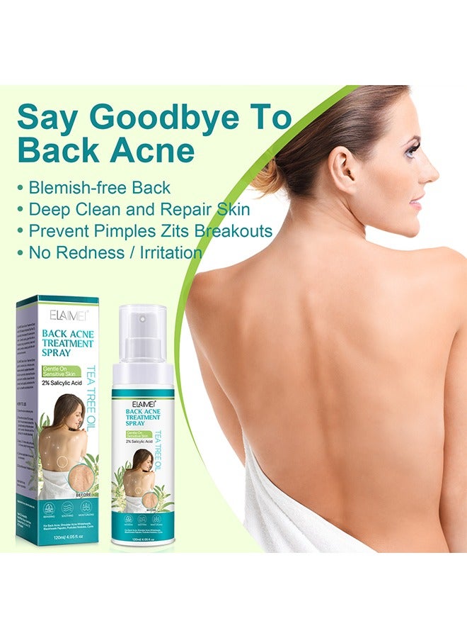 Back Acne Treatment Spray Gentle On Sensitive Skin，2% Salicylic Acid，Treatment with Herbal Formula Back Acne Solution Tea Tree Oil Spray Soothing and Moisturizing Spray120ml