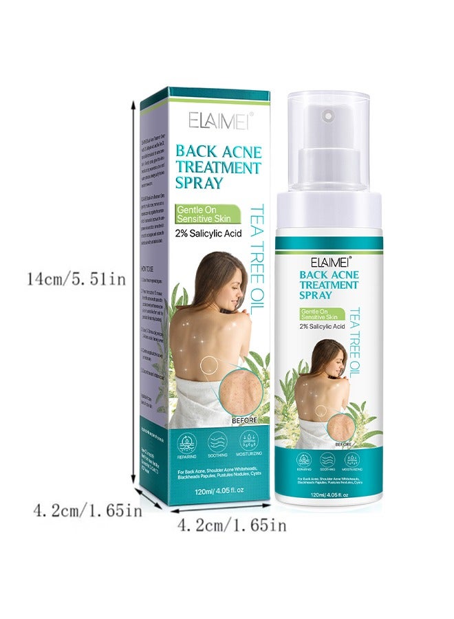 Back Acne Treatment Spray Gentle On Sensitive Skin，2% Salicylic Acid，Treatment with Herbal Formula Back Acne Solution Tea Tree Oil Spray Soothing and Moisturizing Spray120ml