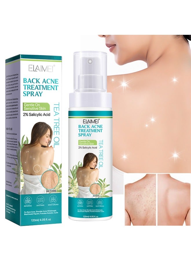 Back Acne Treatment Spray Gentle On Sensitive Skin，2% Salicylic Acid，Treatment with Herbal Formula Back Acne Solution Tea Tree Oil Spray Soothing and Moisturizing Spray120ml