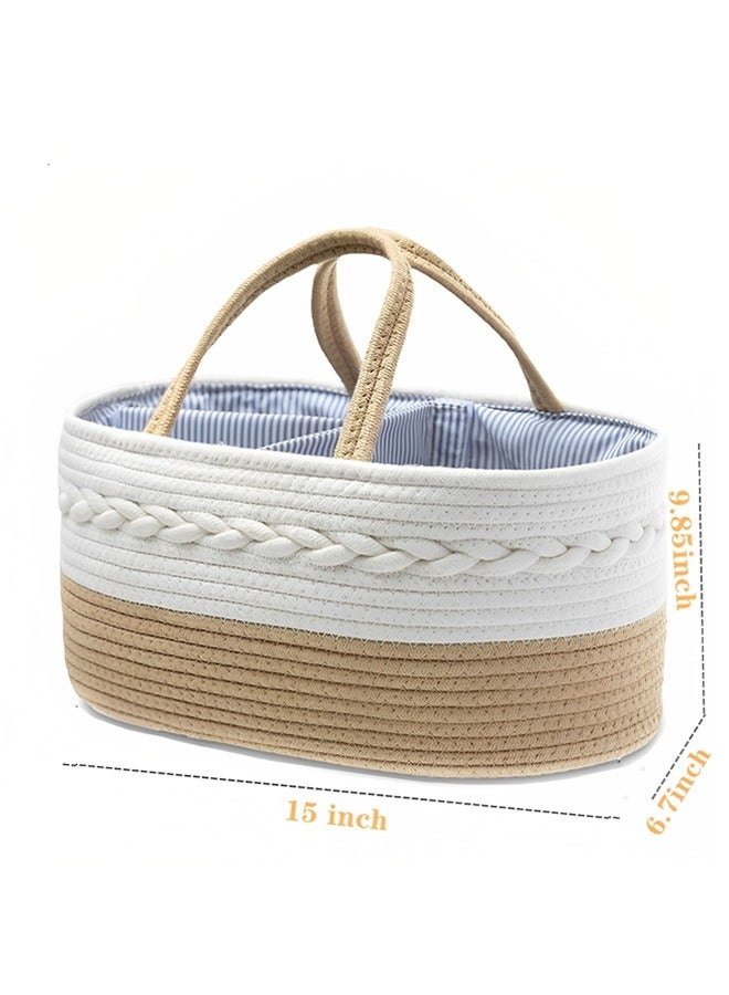 Baby Diaper Caddy Organizer Cotton Rope Diaper Storage Basket with Adjustable Divider Portable Car Travel Diapers Organizer for Newborn Boys Girls Large Capacity Baby Baskets for Storage