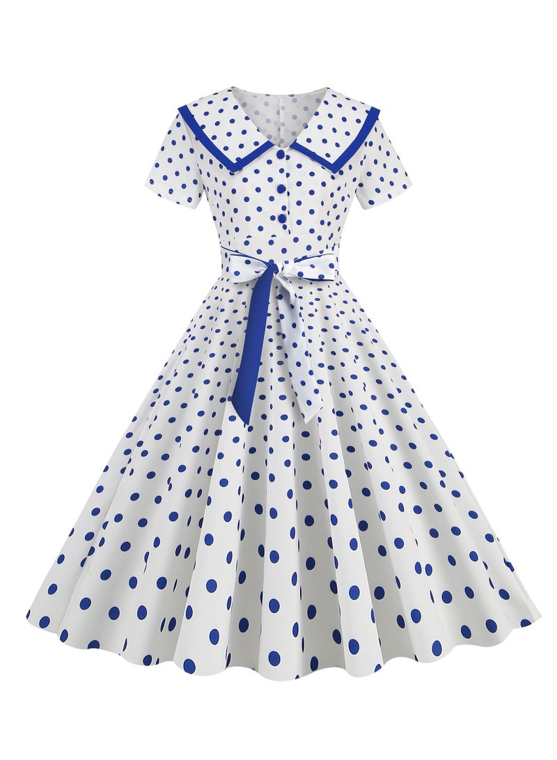 New Collar Short Sleeved Waistband Waist Slimming Big Swing Polka Dot Printed Dress