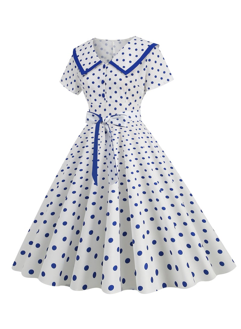 New Collar Short Sleeved Waistband Waist Slimming Big Swing Polka Dot Printed Dress