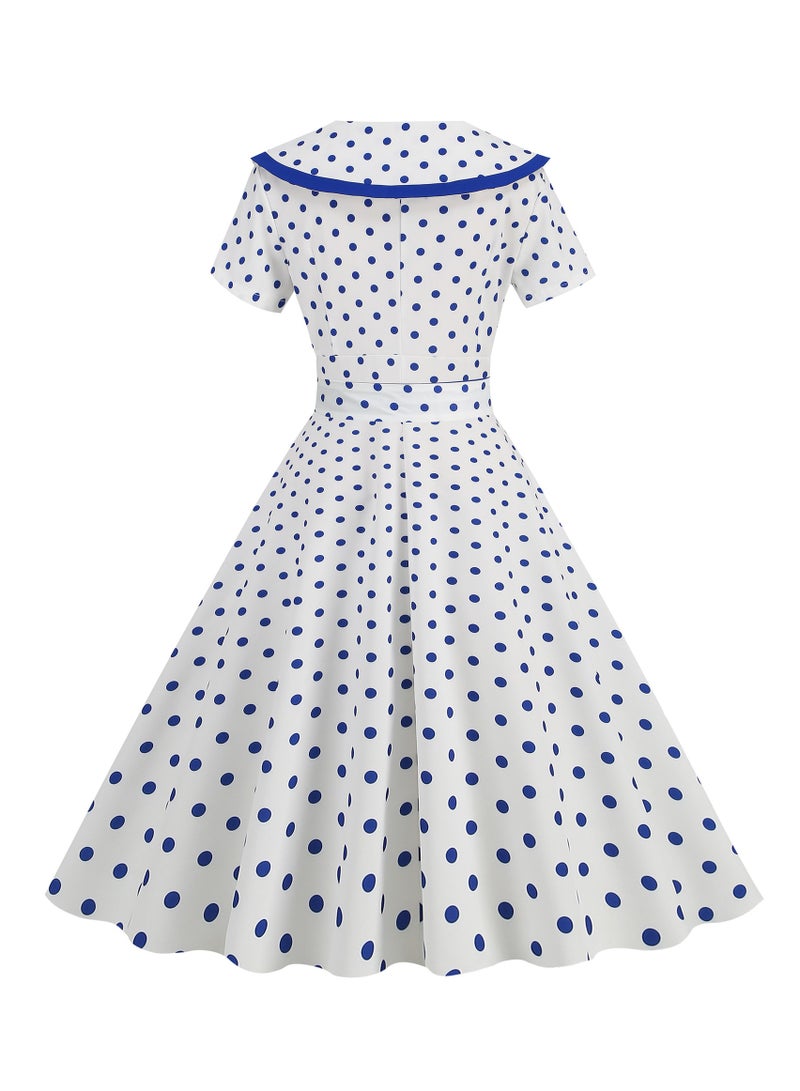 New Collar Short Sleeved Waistband Waist Slimming Big Swing Polka Dot Printed Dress