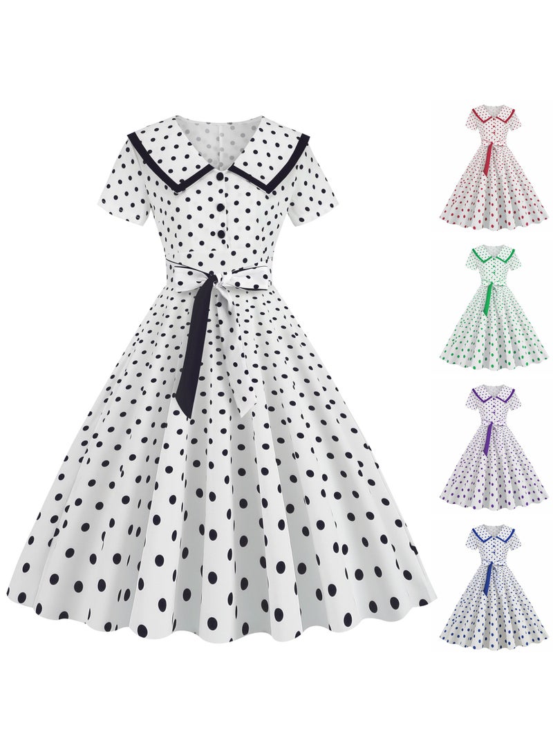 New Collar Short Sleeved Waistband Waist Slimming Big Swing Polka Dot Printed Dress